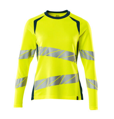 T-Shirt, Langarm, Damenpassform – hi-vis gelb/dunkelpetroleum