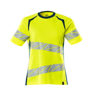 T-Shirt, Damenpassform – hi-vis gelb/dunkelpetroleum