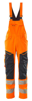 Latzhose, Knietaschen, Stretch-Einsätze – hi-vis orange/schwarzblau