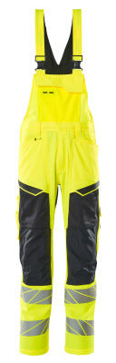 Latzhose, Knietaschen, Stretch-Einsätze – hi-vis gelb/schwarzblau