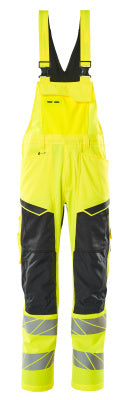 Latzhose, Knietaschen, Stretch-Einsätze – hi-vis gelb/schwarz