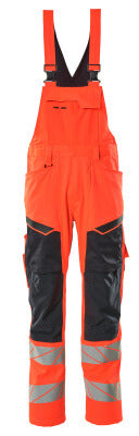 Latzhose, Knietaschen, Stretch-Einsätze – Hi-vis rot/schwarzblau