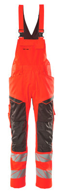 Latzhose, Knietaschen, Stretch-Einsätze – hi-vis rot/dunkelanthrazit