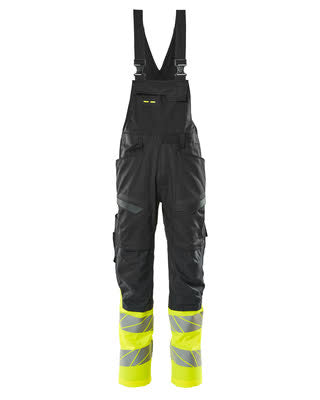 Latzhose, Knietaschen, Stretch-Einsätze – schwarz/hi-vis gelb