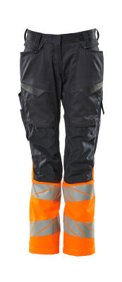 Hose, Damen,DIAMOND, Knietaschen,Stretch – schwarzblau/hi-vis orange