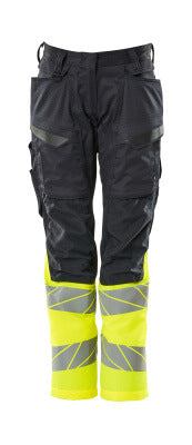 Hose, Damen,DIAMOND, Knietaschen,Stretch – schwarzblau/hi-vis gelb
