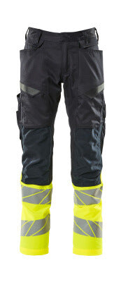 Hose mit Knietaschen, Stretch-Einsätze – schwarzblau/hi-vis gelb