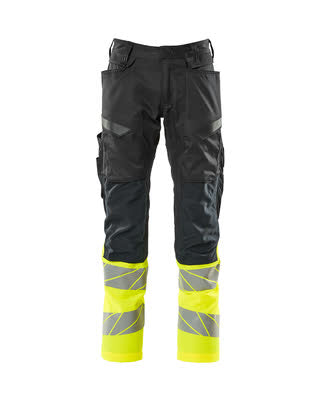 Hose mit Knietaschen, Stretch-Einsätze – schwarz/hi-vis gelb