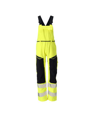Latzhose, Knietaschen, Stretch-Einsätze – hi-vis gelb/schwarzblau
