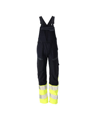 Latzhose, Knietaschen, Stretch-Einsätze – schwarzblau/hi-vis gelb