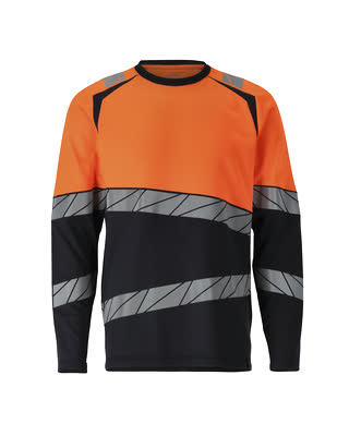 T-Shirt, Langarm, moderne Passform – schwarzblau/hi-vis orange