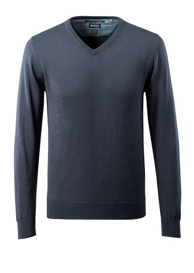 Strickpullover V-Ausschnitt, Merinowolle – schwarzblau