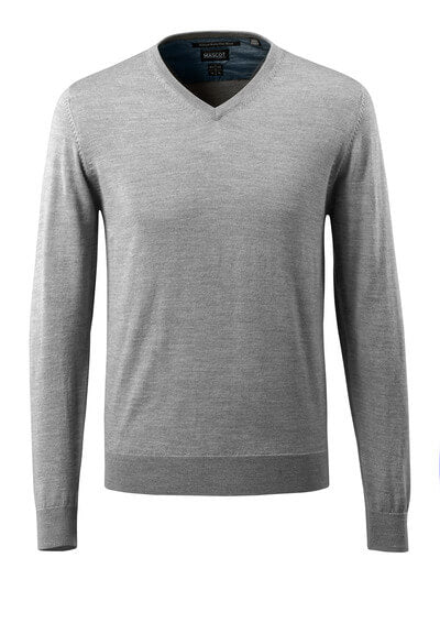 Strickpullover V-Ausschnitt, Merinowolle – grau-meliert