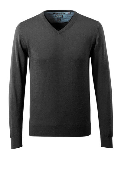 Strickpullover V-Ausschnitt, Merinowolle – schwarz
