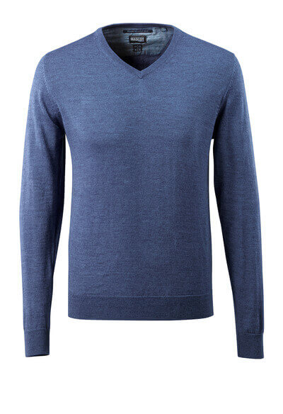 Strickpullover V-Ausschnitt, Merinowolle – blau-meliert